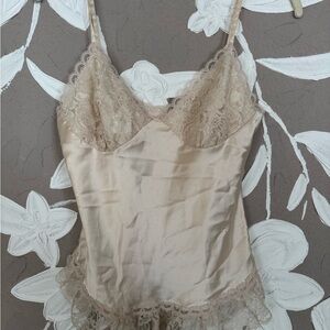 Elegant Lace Trimmed Satin Camisole - Champagne color